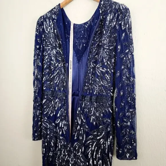 NWT Mac Duggal Illusion Beaded Embellished Long Sleeve Gown 8 Midnight Formal
